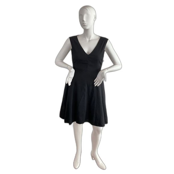 Linen Blend Theory Fit & Flare Dress 8 Black Sleeveless V-neck Pockets 8 - Picture 2 of 8